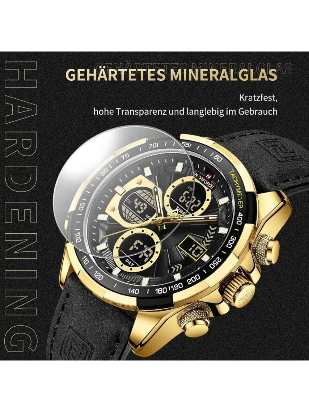Men's Gold Black Military Digital Analog Quartz Waterproof Leather Wrist Watch
